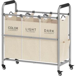 Tajsoon 3 Bag Laundry Sorter Cart, Laundry Hamper Sorter Basket with Heavy Duty Lockable Rolling Wheels for Clothes Storage, Beige