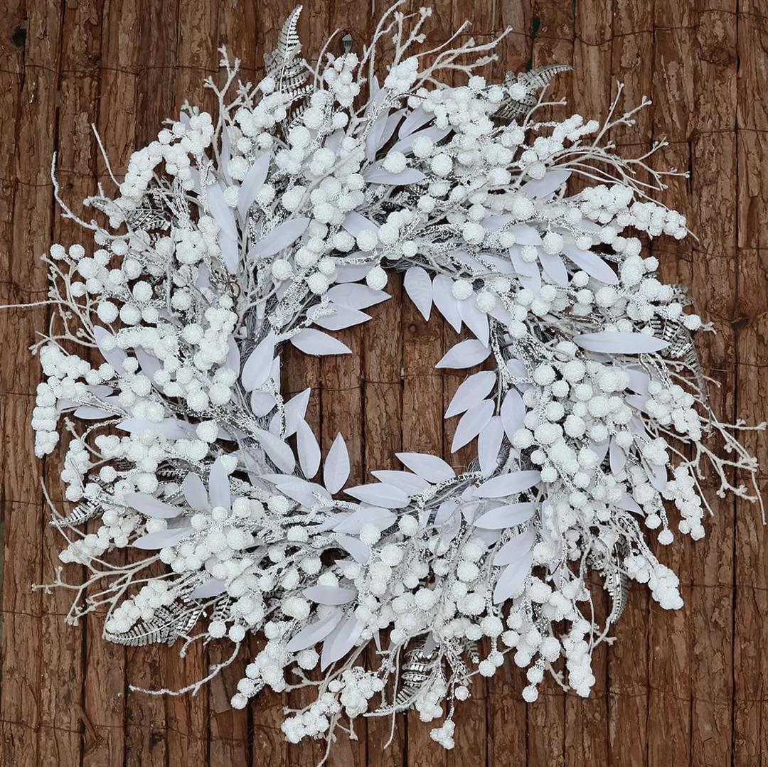24 Inch Snow Flocked White Berry Winter Wreath with Twig & Leave- Artificial Christmas Wreaths for Front Door Porch Wall Window Porch Fireplace Outdoor Decor