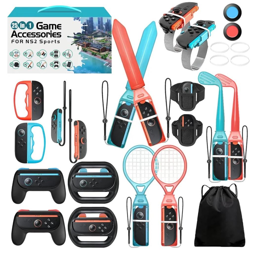 Switch 2 Sports Accessories, Wodbymat 25 in 1 Sports Bundle for Nintendo Switch 2 with 2 Tennis accessories 2 Grip Handle 2 Steering Wheels 2 Bowling ball grip 2 Sword accessory Shared 2 grip 2 Golf accessories 2 Binding tape 2 Wrist strap 2 Lanyard
