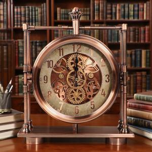 Moving Gears Desk Clock, Mantle Clock, Industrial Steampunk Art Decorative Clocks for Living Room Farmhouse Office, Christams Gifts Ideas for Father Boss Senior Friend (11inch Rosegold), Large