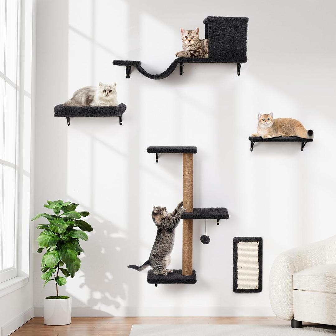 5-in-1 Cat Wall Shelves for Indoor Cats, Wall Mounted Cat Furniture with Bed, Cave, Scratching Post & Perch, Multi-Level Cat Climbing Wall, Space Saving Floating Cat Shelves (Natural Wood Darkgrey)