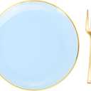 Festiva 200Pcs Blue Gold Cake Plates 6.3" with Plastic Forks 5"- Disposable Blue Dessert/Appetizer/Salad Plates- serve 100 guests for Party&Wedding&Easter