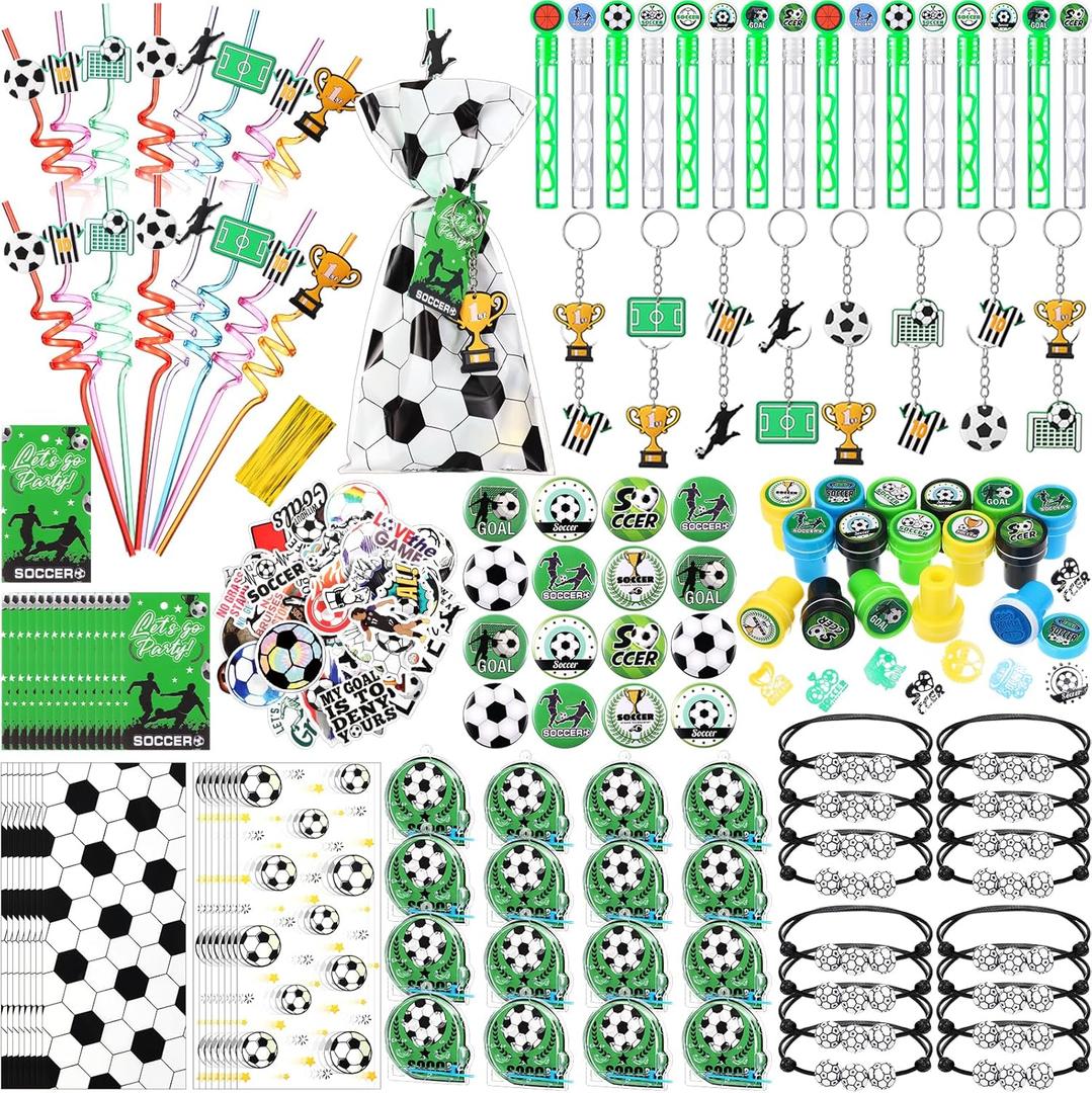 229 Pcs Soccer Party Favors with Ball Bracelets Mini Pinball Mini Bubble Wands Straws Keychains Badges Stickers Stamps Gift Bags Tags for Birthday Themed Party Sport Supplies