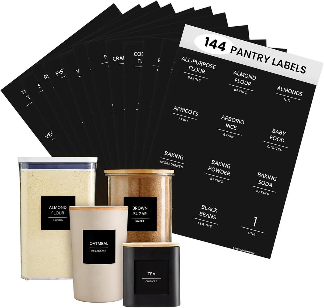 Talented Kitchen 144 Minimalist Pantry Labels  Preprinted White All-Caps on Matte Black Vinyl Stickers, Water-Resistant Adhesive Labels for Kitchen, Jars, Containers, Spices & Pantry Organization