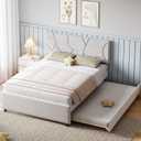 Garvee Queen Size Bed Frame with Trundle, Upholstered Platform Bed Frame with Headboard, Trundle Bed Twin, Wood Slat Support, for Bedroom, Living Room, Guest Room | Trundle Bed Twin, Bed Frame with Headboard, Wood Slat Support, for Bedroom, Living Room, Guest Room
