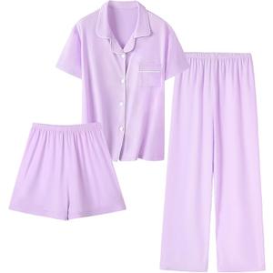 Umeyda Girls Lyocell 3 Piece Pajamas Set Button Down PJs Set Soft Loungewear Short Sleeve Sleepwear, Size: 13-14 Years