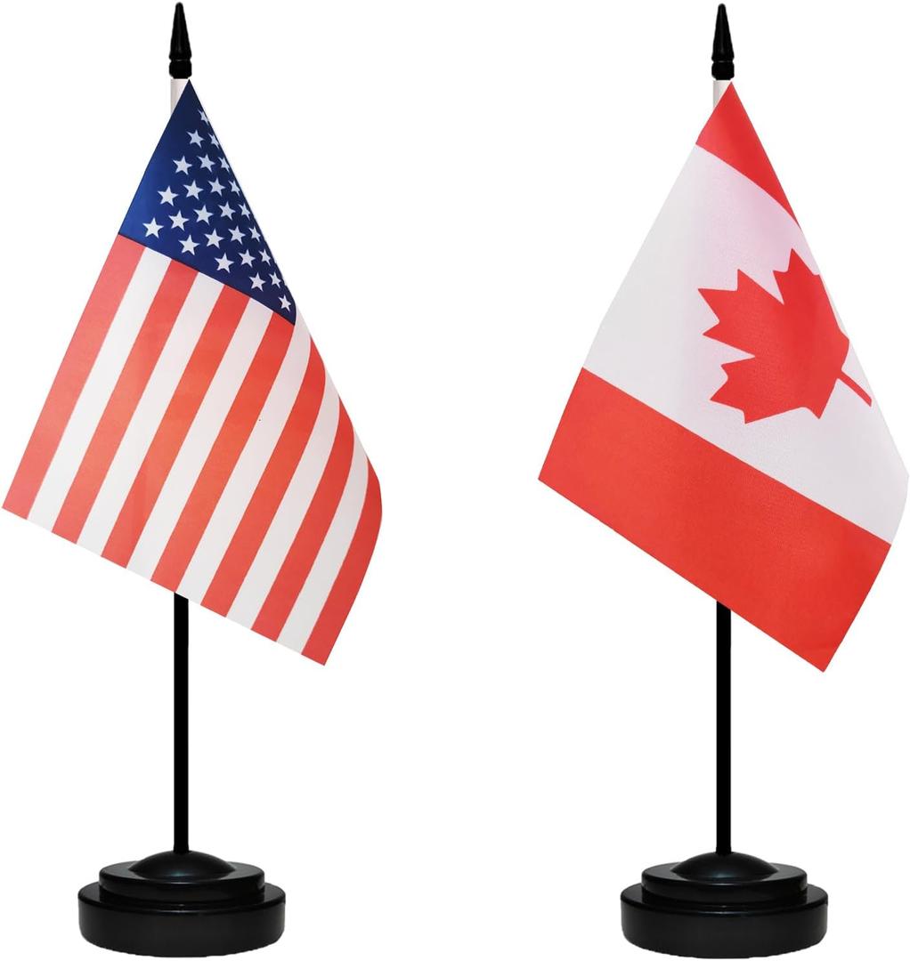 USA American & Canada Canadian CA Desk Flags, US Canada Table Flag, Small Mini American & Canadian CA Twin Table Office Flag, Miniature Canadian CA and US Desktop Flag With 13" Solid Black Pole, Black