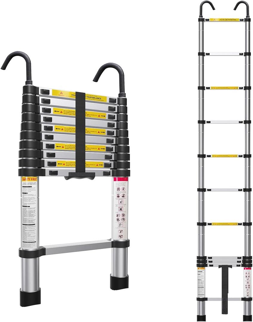 10.5ft Telescoping Ladder, Multi-Purpose Collapsible Ladder with Hook, Aluminum Extension Ladders for Home, Folding Telescoping Ladder for RV, Attic, Daily Use at Home, 330 lbs