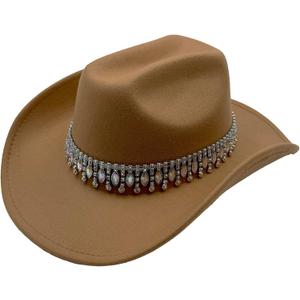 Shiny Rhinestone Women's Cowgirl Hat Western Cowboy Retro Panama Unisex Sequin Wide Brim Hat (Khaki)