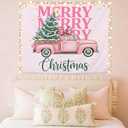 WHCHJ Pink Christmas Tapestry, Coquette Preppy Pink Bow Christmas Tree Truck Wall Hanging, Girly Xmas Holiday Tapestries Wall Blanket Decor for Party Home Bedroom Living Room Dorm, 50x60 Inch
