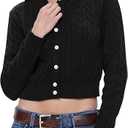 Balimtoy Women Cable Knit Cardigan Cropped Long Sleeve Crewneck Button Down Sweater Cardigans Cute Y2k Fall Jacket Black XL
