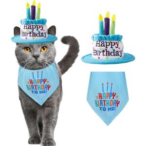Cat Happy Birthday Cake Hat & Bandana Scarfs Set with Colorful Candles Blue, Cat Birthday Party Supplies Decorations (Small)