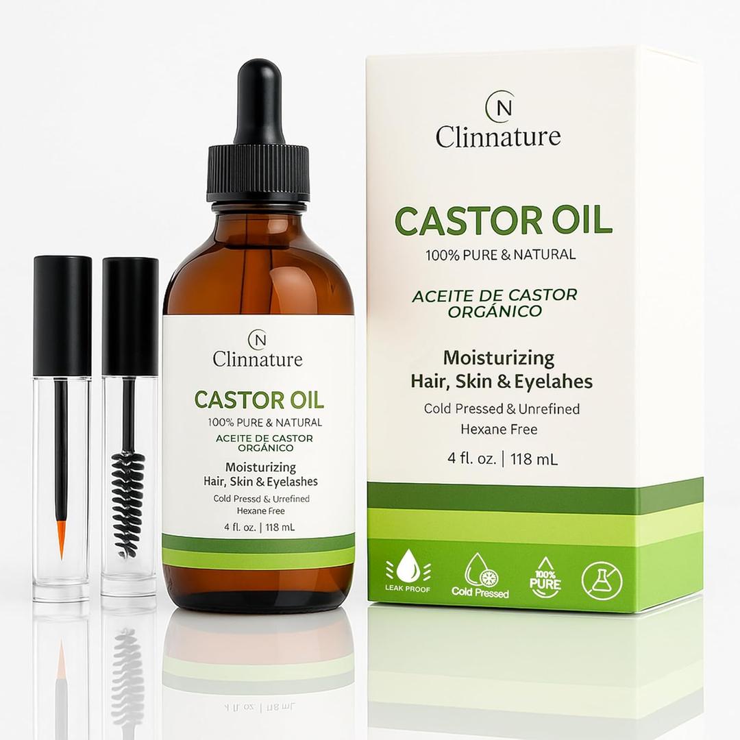 10 x Castor Oil for Eyelash & Aceite de Castor Organico | Aceite de Ricino para Pestaas  4 fl oz, Cold-Pressed & Hexane-Free, Glass Bottle with Pre-Filled Lash & Brow Applicators
