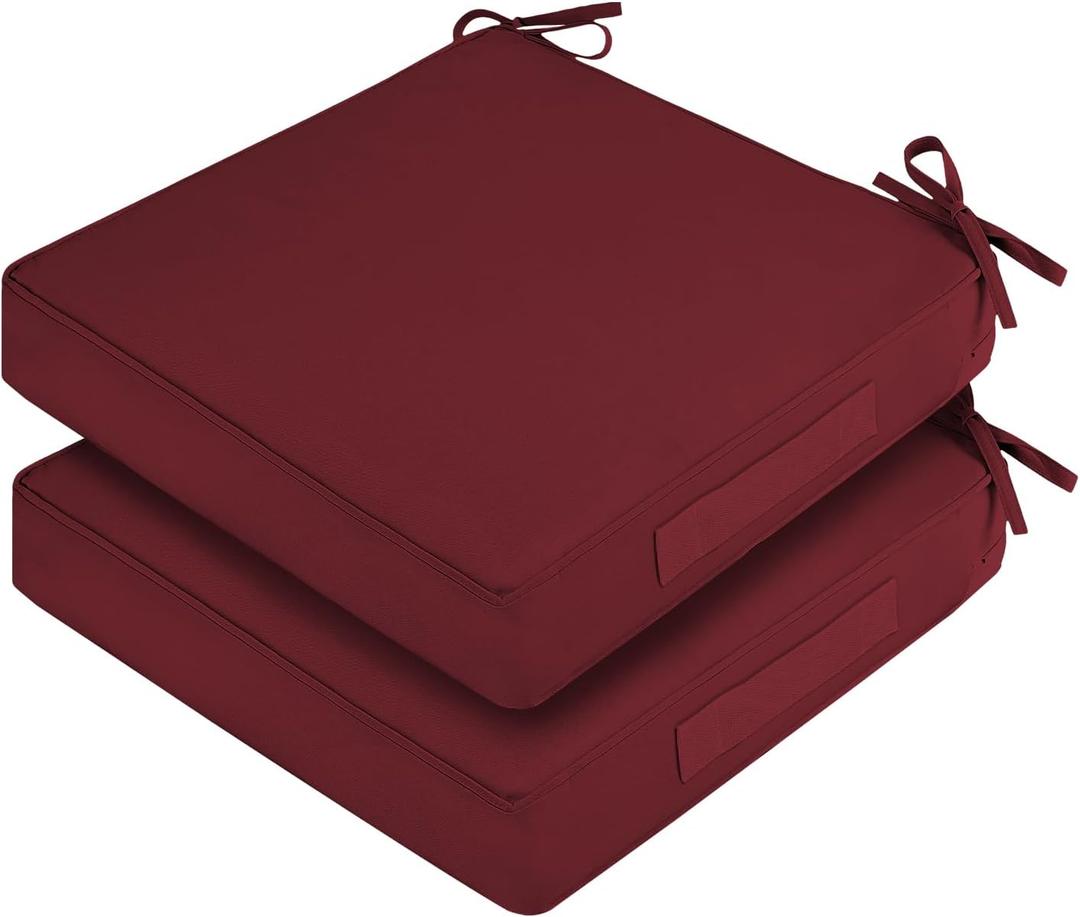 Waterproof Outdoor Chair Cushions Set of 2, Square Outdoor Seat Cushions with Ties and Removable Covers, 19 x 19 Outdoor Cushions for Patio Furniture with Portable Handle(Burgundy)