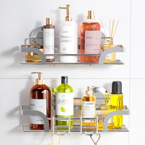LEVERLOC 2 Pack Shower Caddy Suction Cup, Shower Shelves for Inside, Rustproof Metal Bathroom Storage NO-Drilling Bath Organizer with Large Capacity,Heavy Duty Storage Basket,Home Decor,Silver