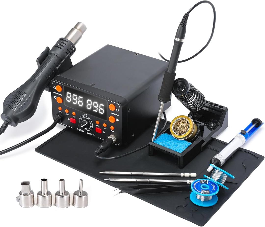 902D IV T12 Hot Air Soldering Station 2-IN-1 Kit with Extra Large Display, Small Silicone Work Mat, 2 Soldering Tips, 2 Lead-free Solder, Solder Sucker, ESD-Safe Tweezers