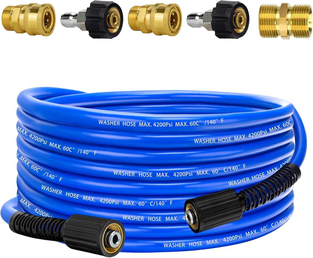 Pressure Power Washer Hose 30 FT x 1/4", Super Flexible Kink Resistant Car Washer Replacement with M22 Fittings & 3/8" Quick Connect Adapters for Ryobi Troy Bilt Flexzilla Greenworks & More, 4200PSI