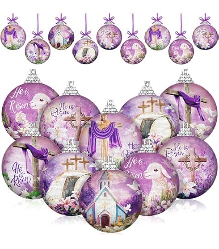 Lenwen 16 Pcs Easter Ball Ornaments 1.57 Inch He is Risen Tree Decorations Religious Decorative Hanging Ball Ornaments for Easter Tree Holiday Party Decor