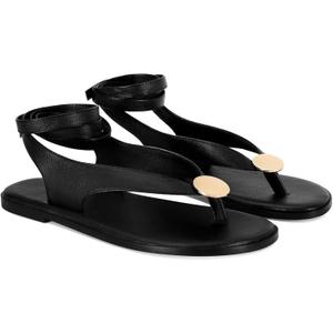 Flat Sandals for Women Strappy Sandals Comfortable Dressy Beach Flip Flop Slides Thong Sandals for Women with Metal Circular, 8.5, Black Pu