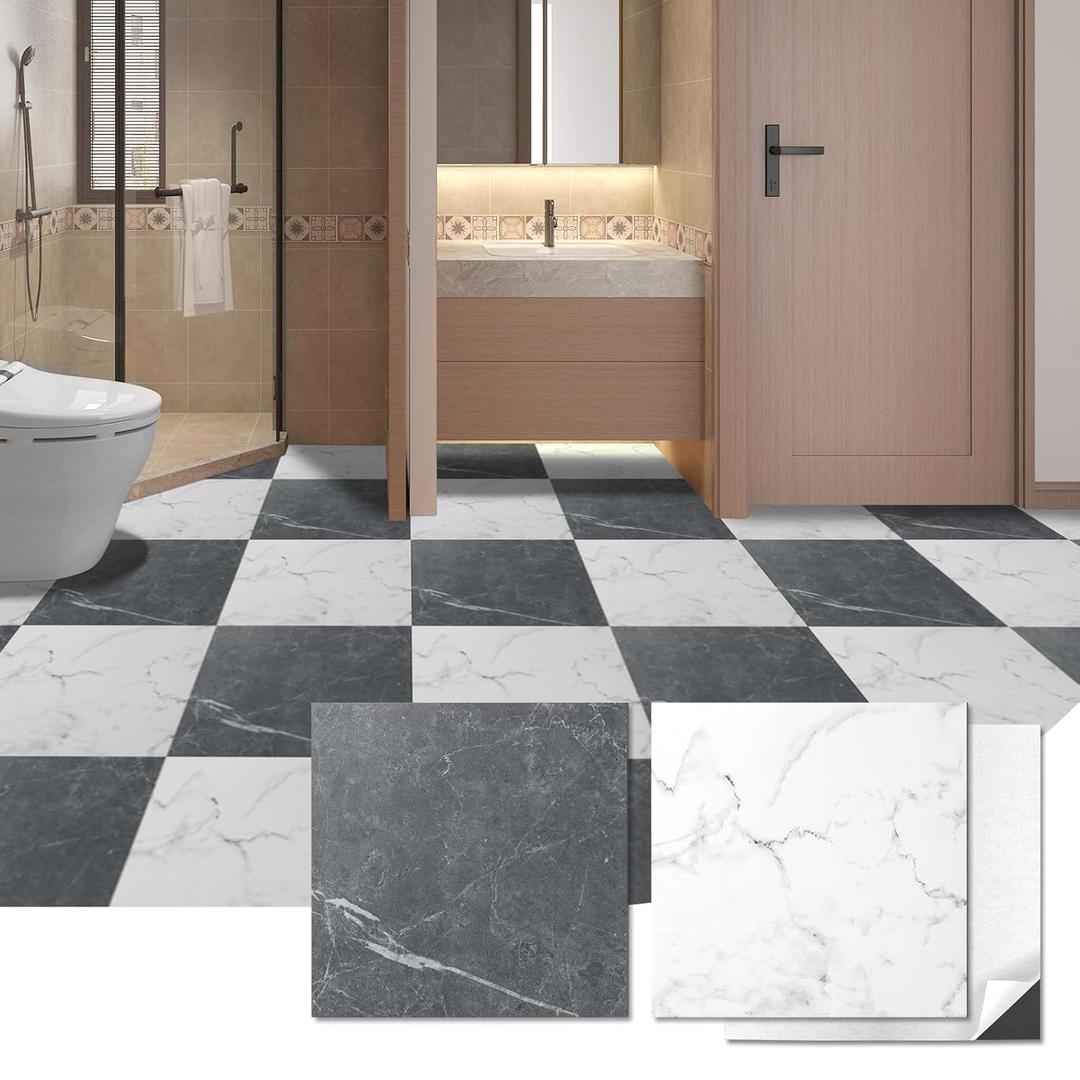 Art3d Peel and Stick Vinyl Floor Tiles 30-Pack 12 x 12 inch, Self Adhesive Waterproof Flooring Planks for Kitchen, Dining Room, Bedrooms, Cover 30 Sq. Ft, Black & White Marble (15 Tiles per Color)