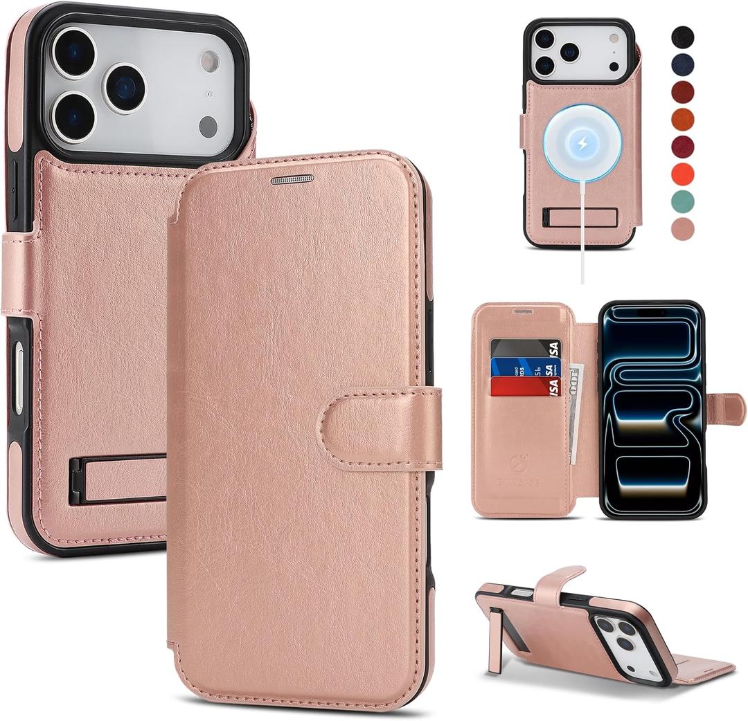 for iPhone 17 Pro Max Wallet Case with Stand,PU Leather Flip Credit Card Holder Slots (RFID Blocking),Compatible with Magsafe Magnetic Holder Phone Cover Women Men,Rose Gold