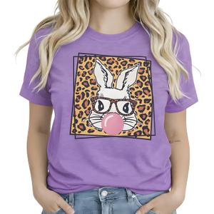 Cute Easter Bunny T-Shirt for Women - Funny Leopard Glasses Rabbit Graphic Tee, Sassy Bubblegum Spring Holiday Top