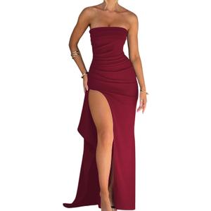 Women's Sexy Strapless Backless High Split Long Maxi Dress Ruched Off Shoulder Sleeveless Bodycon Party Cocktail Dresses (Small, Wine Red)