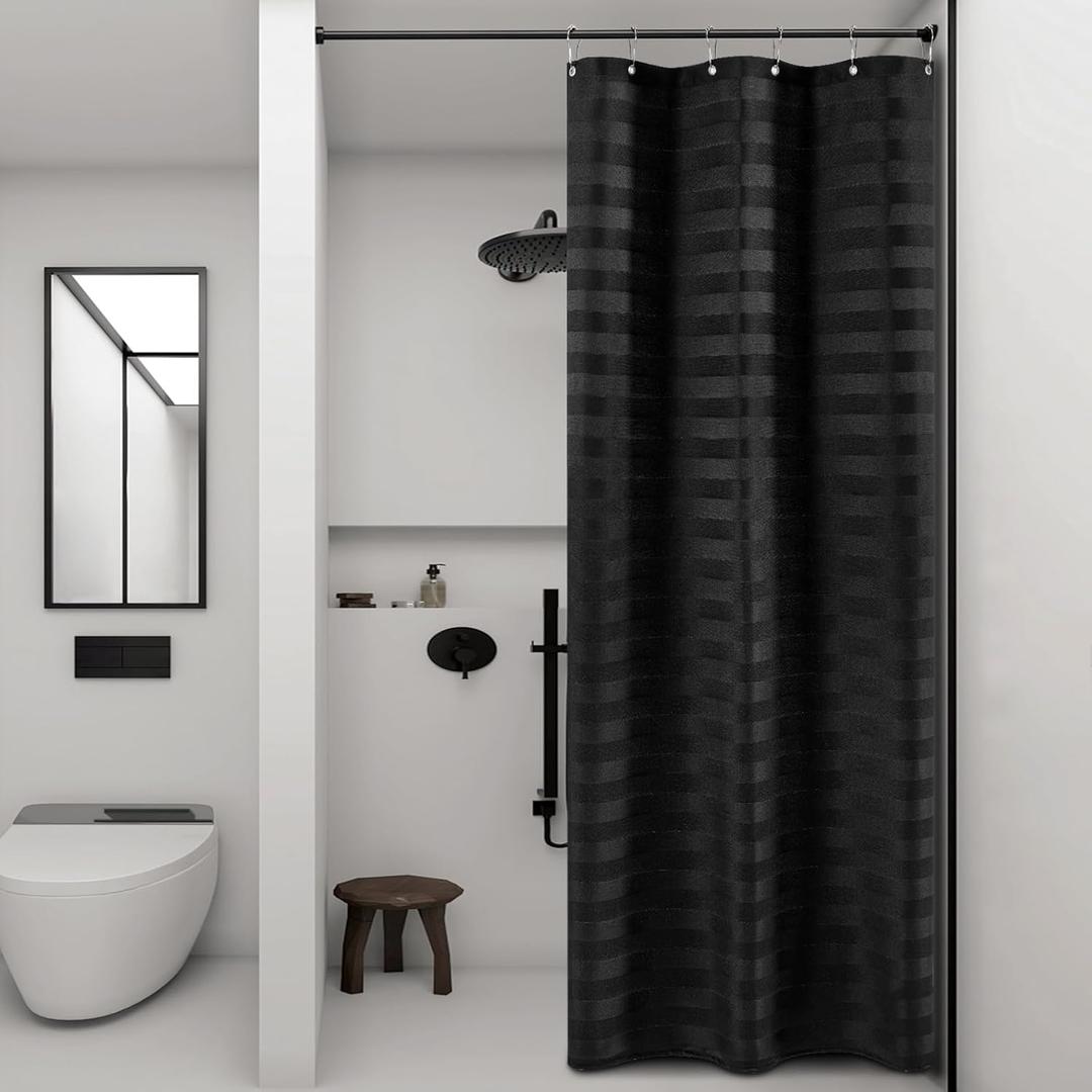PANGSINNE Black Stall Fabric Shower Curtain - Water Repellent Striped Textured 230GSM Heavy Duty Cloth Shower Curtains for Bath Tubs, Narrow Hotel Quality Bath Curtain Set with 6 Hooks, 36Wx72H