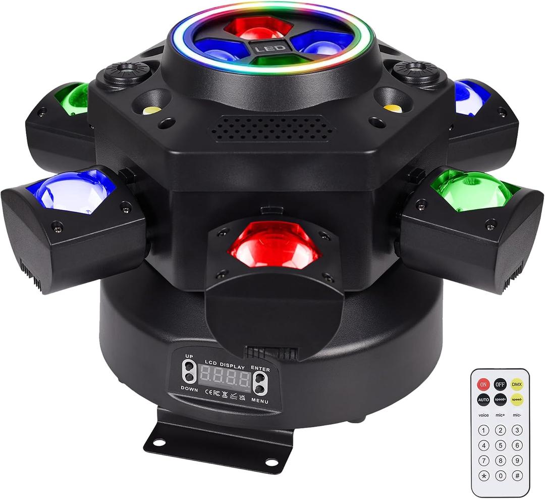 Moving Head DJ Lights 150W RGBW, 6-Arm Party Stage Light with Remote | 150W RGBW 6-arm beams, LED strip, DMX-512 & sound-activated, quiet motor, sharp beam through haze/fog, home party use