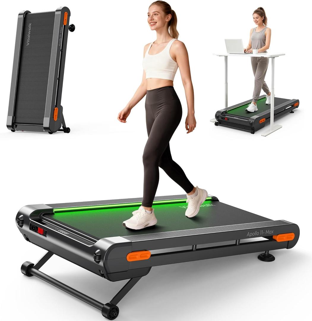 Walking Pad Treadmill with Auto Incline, Vitalwalk Wide Full Deck, 400lbs/350lbs Capacity, Portable Under Desk Treadmills for Home Office, 3.0HP Brushless, Vertical Space-Saving, Ambient Light, APP (Apollo 11 Max - 20% Auto)