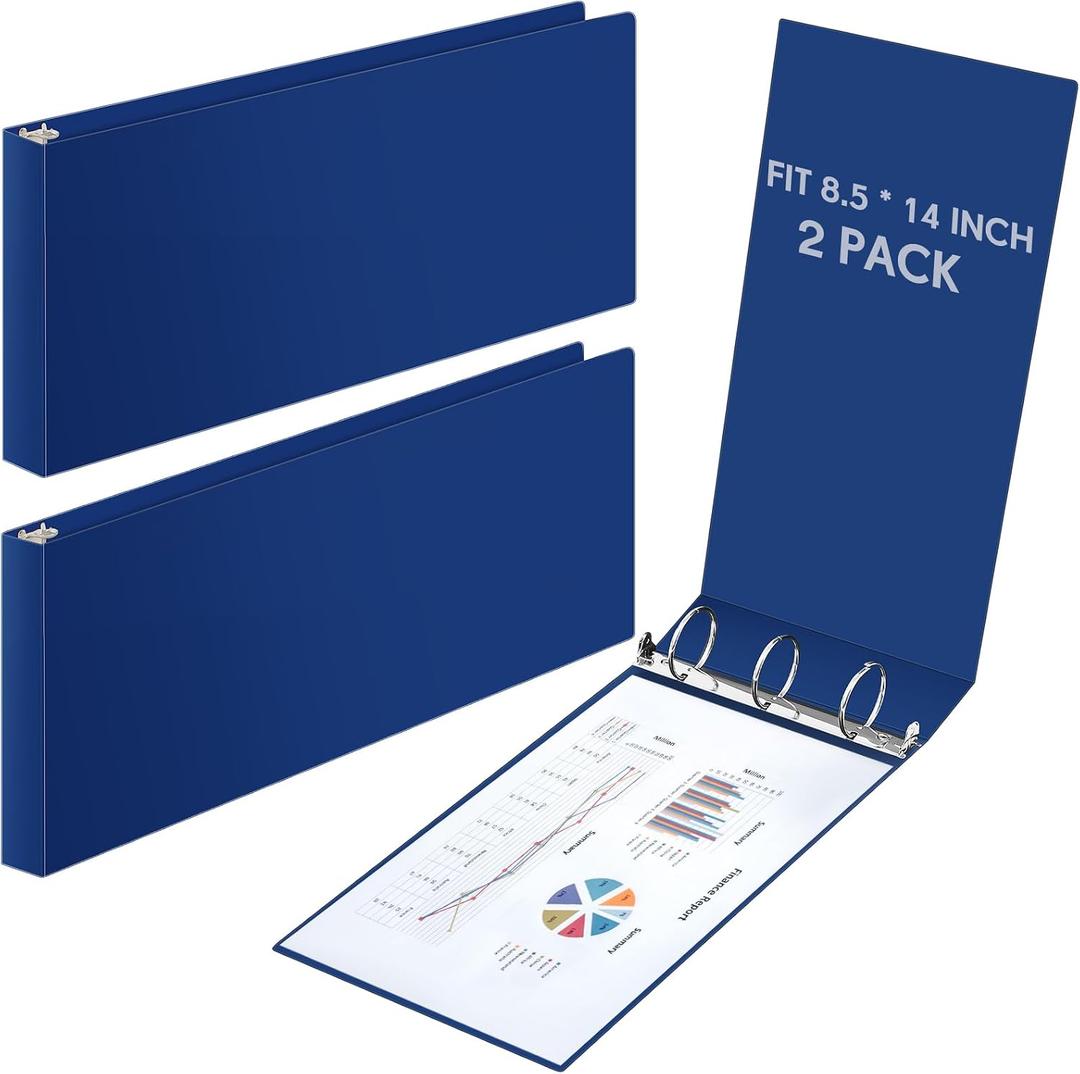 2 Pcs 8.5'' x 14'' Landscape 3 Ring Legal Size Binders 2 Inch Round Ring Binders Heavy Duty Economy Holds 8.5 '' x 14'' Paper for Artwork Blueprints, Office, Home, Work Places (Blue)