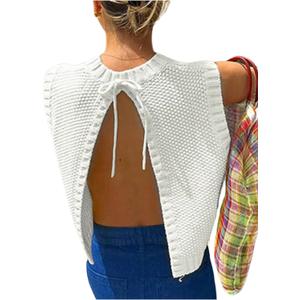 Soly Hux Women Y2K Backless Tie Up Knit Crop Sweater Vest Sleeveless Round Neck Split Open Back Pullover Summer Tank Top, Size: L