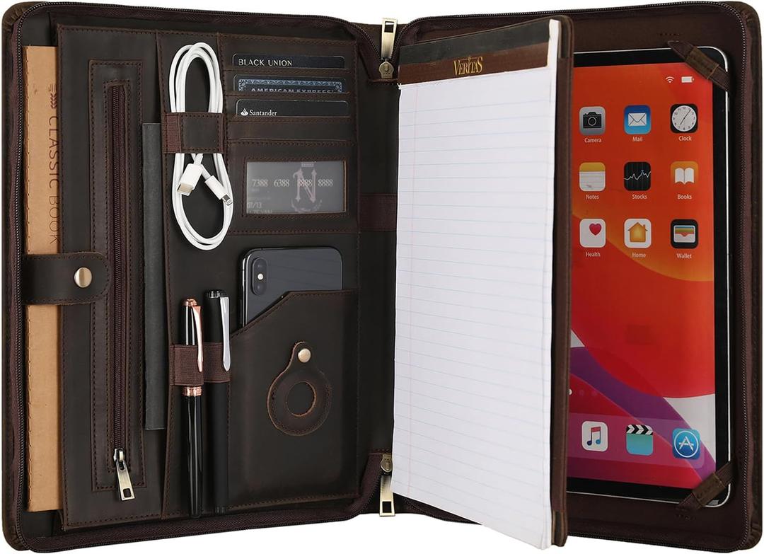 Leather Portfolio for 13-in iPad Pro M4/M5 & 13-in iPad Air M2/M3, Leather Padtfolio with ipad Holder for Letter Size Notepad, Personalized Padfolio for Men - Dark Khaki
