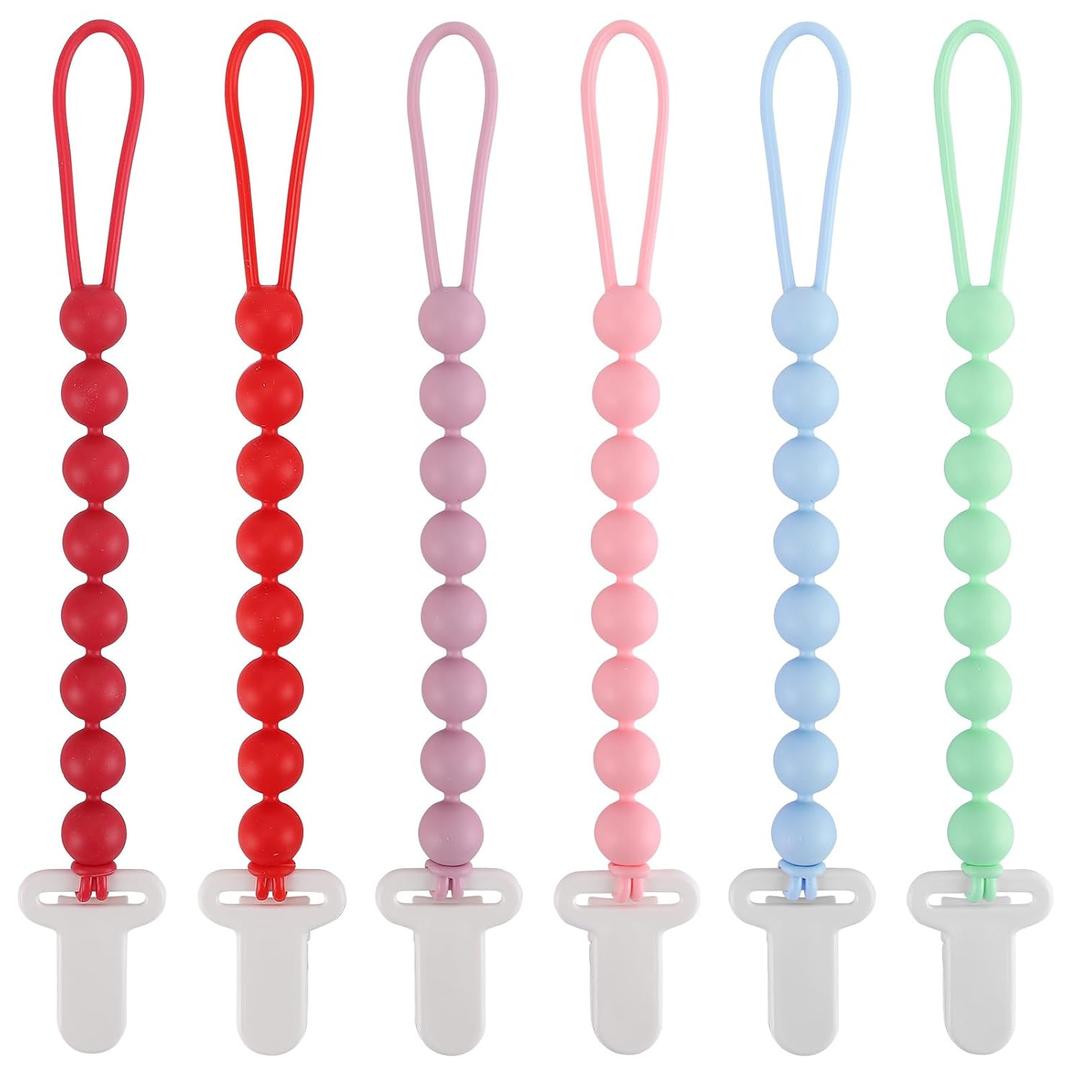 6-Pack Silicone Pacifier Clips for Babies, Safe Teething Beads, Rust-Free Holders, Baby Boy and Girl Essentials, Newborn Must-Have Accessories, BPA-Free (Pink)