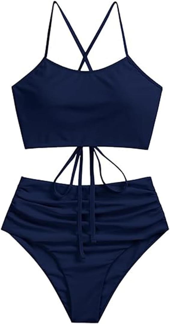 ZAFUL Women's Ruched High Waisted Tankini Swimsuit Criss Cross Bikini Set Tummy Control Bathing Suit (Large, Dark Blue-2023)