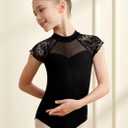 Girls Turtleneck Dance Leotard for Ballet, Lace Neckline, Full Front Lining, Hollow Back (Black, L)