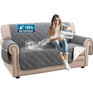 H.VERSAILTEX 100% Waterproof Loveseat Covers for 2 Cushion Couch Modern Sofa Covers Waterproof and Washable Thick Soft Couch Cover for Dogs with Elastic Straps (Loveseat, Grey/Beige)
