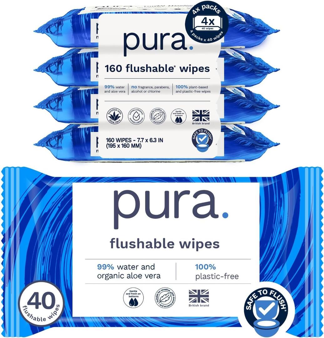 Pura XL Flushable Adult Wipes Unscented Extra Large Wet Wipes with Aloe Vera & 99% Water, Sensitive Skin, 4 Pack of 40 (160 Wipes), Personal Hygiene Toilet