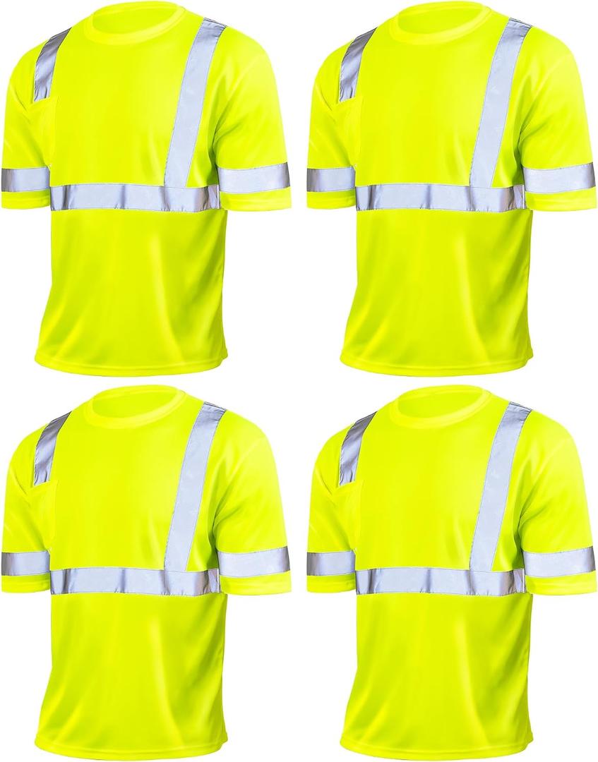 JaGely 4 Pcs Reflective Safety Shirts Short Sleeve High Visibility Hi Vis T-shirts for Construction Work with Front Pocket (Yellow, XXL)