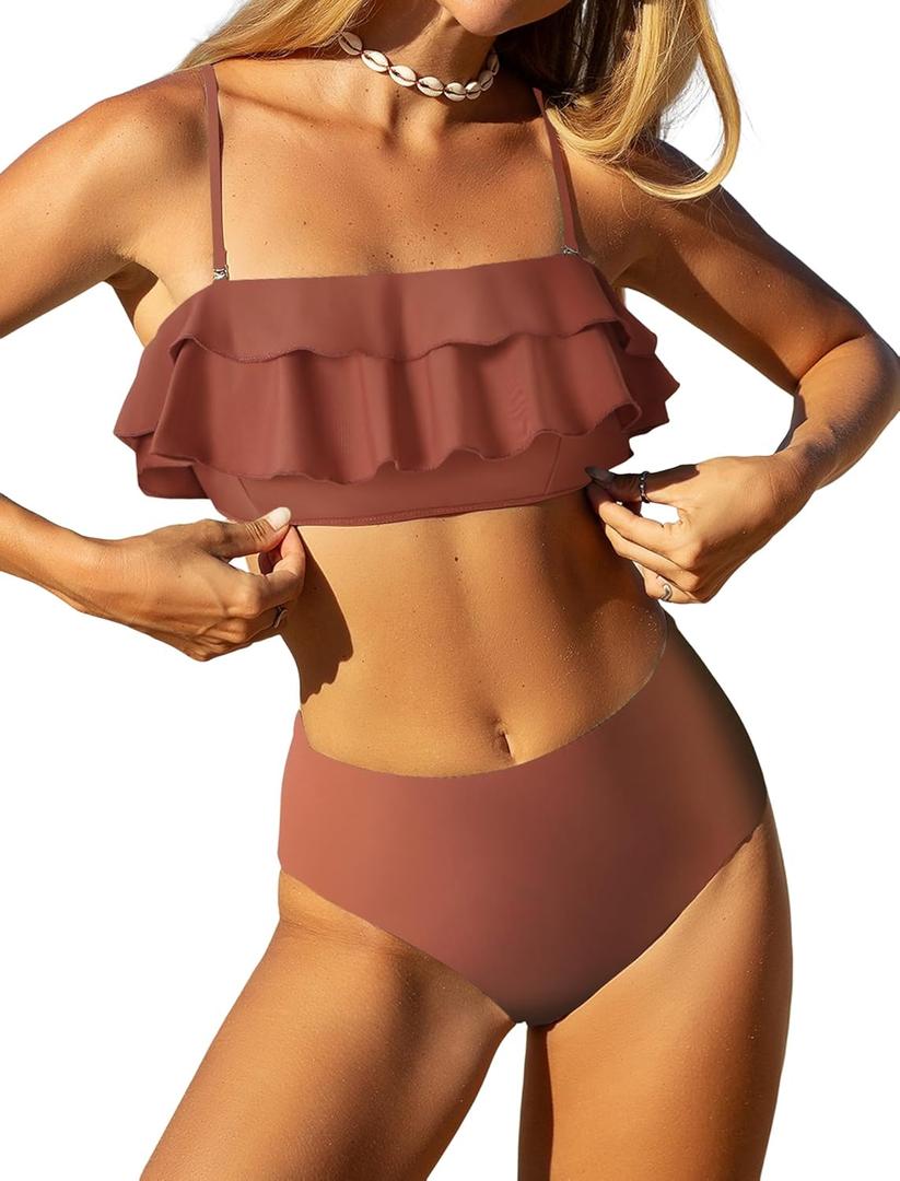 ZAFUL Layered Ruffle Bikini for Women High Waisted Bikini Sets Spaghetti Bandeau Swimsuits Padded Bathing Suit (Small, Soliddust Pink)