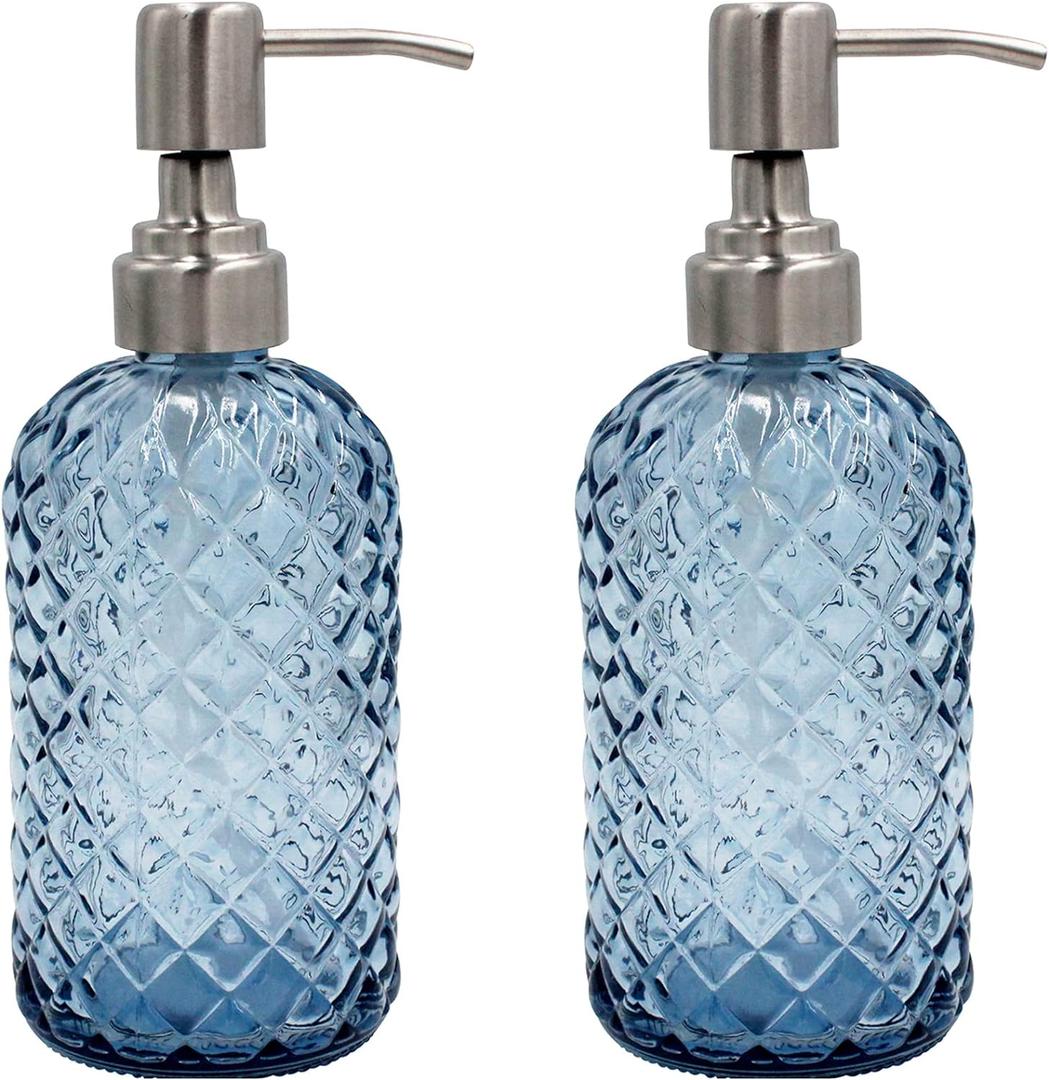 16 oz Diamond Pattern Glass Soap Dispenser, Kitchen and Bathroom Refillable Soap Dispenser with Rust Resistant Stainless Steel Pump for Hand Soap, Lotion Glass Liquid Dispenser(Blue - 2 Pack)