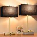 Lynnoland 21" Set of 2 Bedside lamp with USB A+C & AC Outlets, Touch Control 3-Way Dimmable Nightstand Lamps for Bedroom Living Room Office Reading, Black Shade Touch Lamps, 3000K LED Bulbs Included