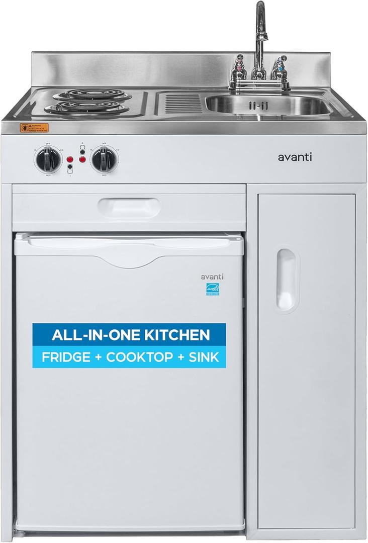 Avanti CK3016 Energy Star Certified Full Compact Kitchen, Built in Kitchenette Stainless Steel Counter, Two Element Cooking Range, Refrigerator & Storage, 30-Inch, White