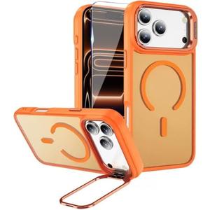 FATUOQIA for iPhone 17 Pro Max Case,Magnetic iPhone 17 ProMax Phone Case with Screen Protector [Compatible with MagSafe] Built-in Stash Stand,Translucent Matte Shockproof Cover-Cosmic Orange