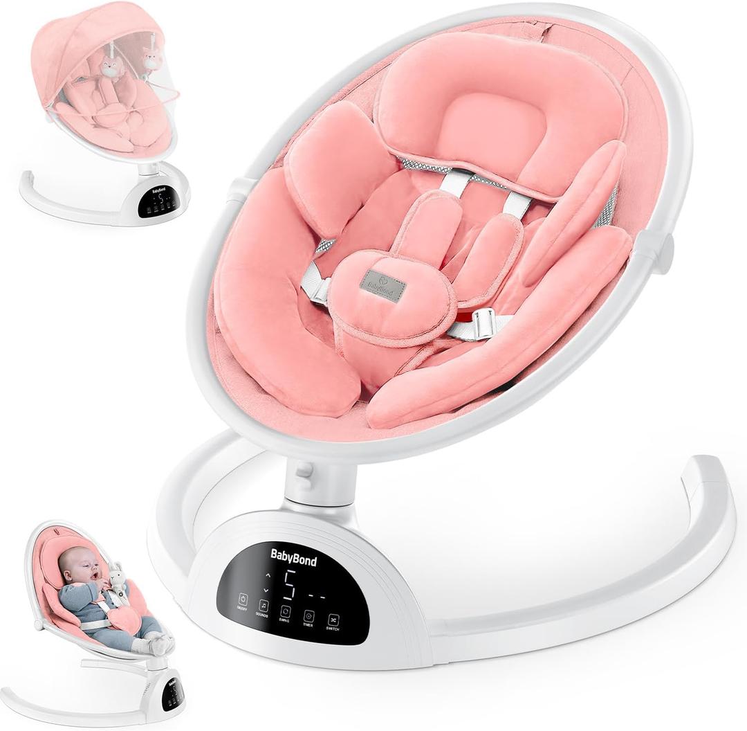 BabyBond Baby Swings for Infants, Bluetooth Infant Swing with Music Speaker, 3 Seat Positions, 5 Point Harness Belt, 5 Speeds and Remote Control - Portable Baby Swing for Indoor and Outdoor , Pink 