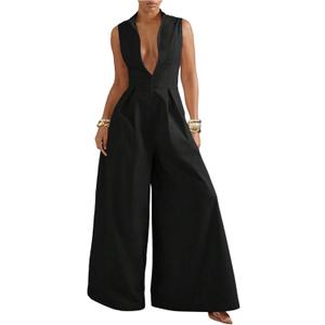 Verdusa Women's Zip Up Wide Leg Jumpsuits Sleeveless One Piece Jumpsuit Formal Dressy Casual Spring Outfits (Large, Black)