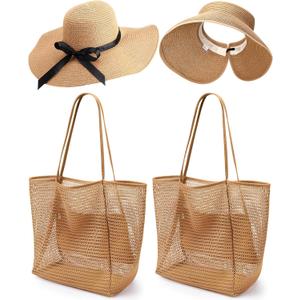 4 Pcs Beach Vacation Essentials 2 Pack Beach Mesh Tote Bag 2 Pack Sun Hat for Women Foldable Packable Floppy Wide Brim Sun Straw Hat UV Protection for Travel Pool Family Cruise Essentials