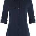 DJT Womens Soft Stretchy Knit Plaid Shirts Roll Up Long Sleeve Collared Button Down Blouses Tops (X-Large, Navy)
