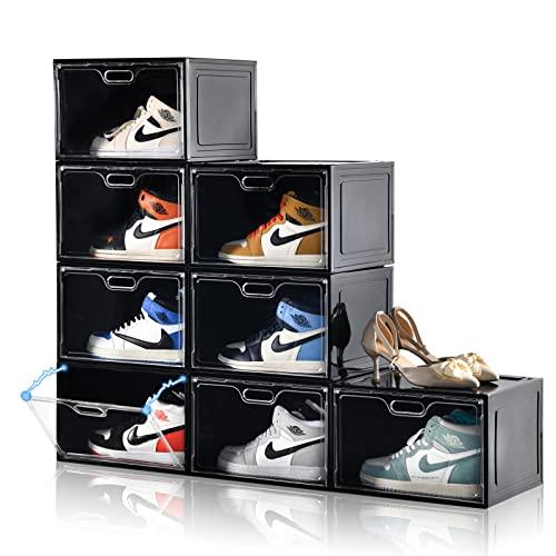 Amllas 8 Pack Shoe Boxes Black Plastic Stackable, Large Shoe Storage Organizer,Drop Side Front Shoe Containers for Entryway,Sneaker Storage Fit Up to US Size 13 for Men/Women(13’’x 10.6”x 8.3”)