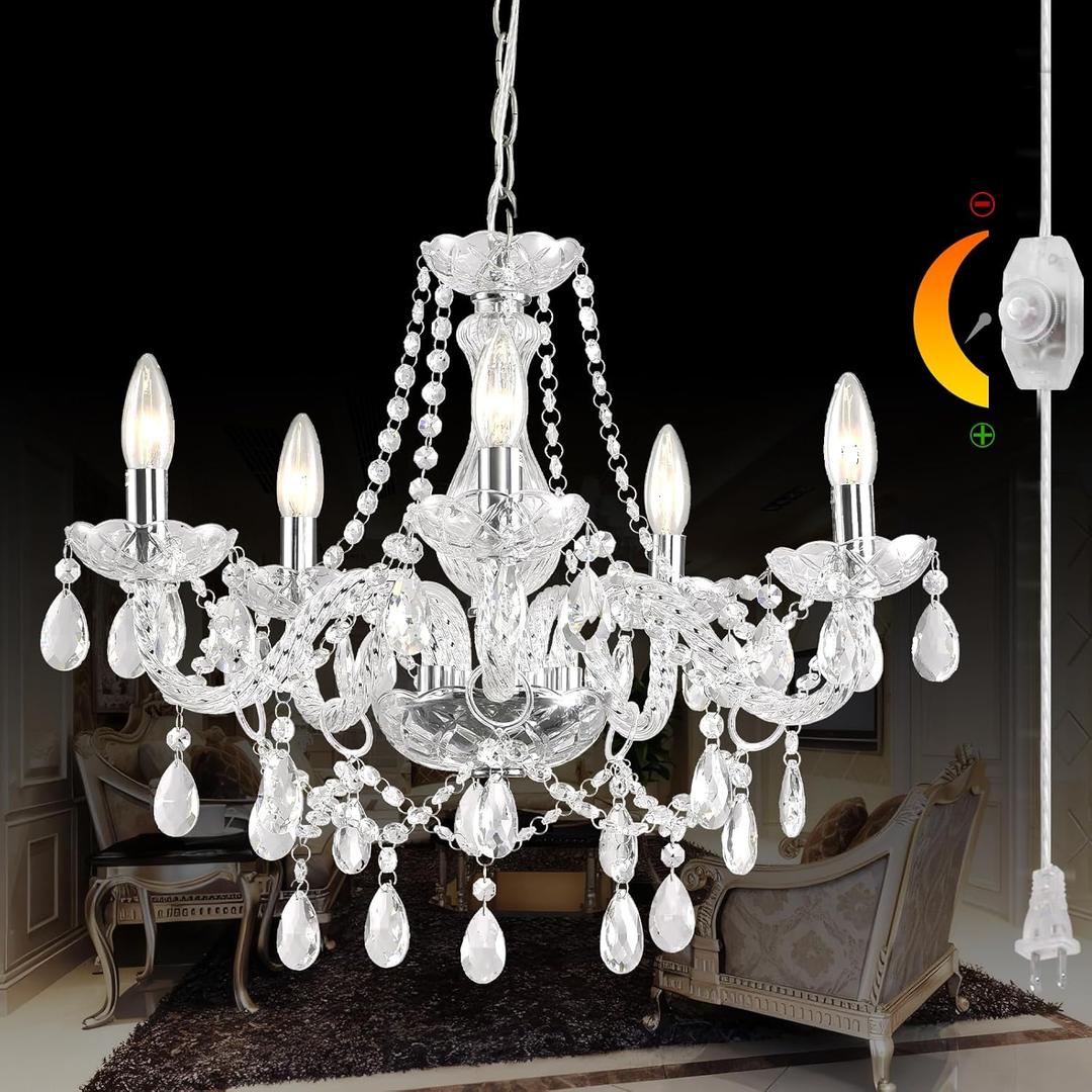 DIMMABLE Full Glass Plug in Chandelier 5 Light Crystal, Hanging Pendant Ceiling Light Fixture with Long Cord, Modern Vintage K9 Crystals Beads for Bedroom Dining Living Room Kitchen Island